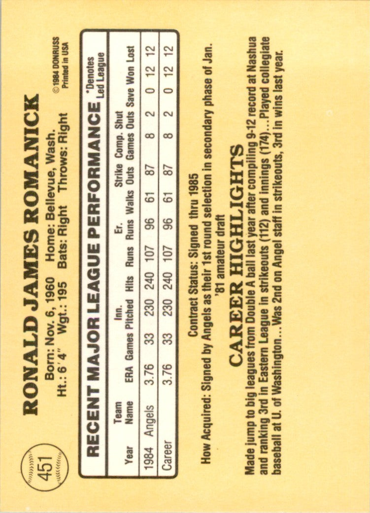 1985 Donruss Baseball Ron Romanick Rookie . California Angels #451