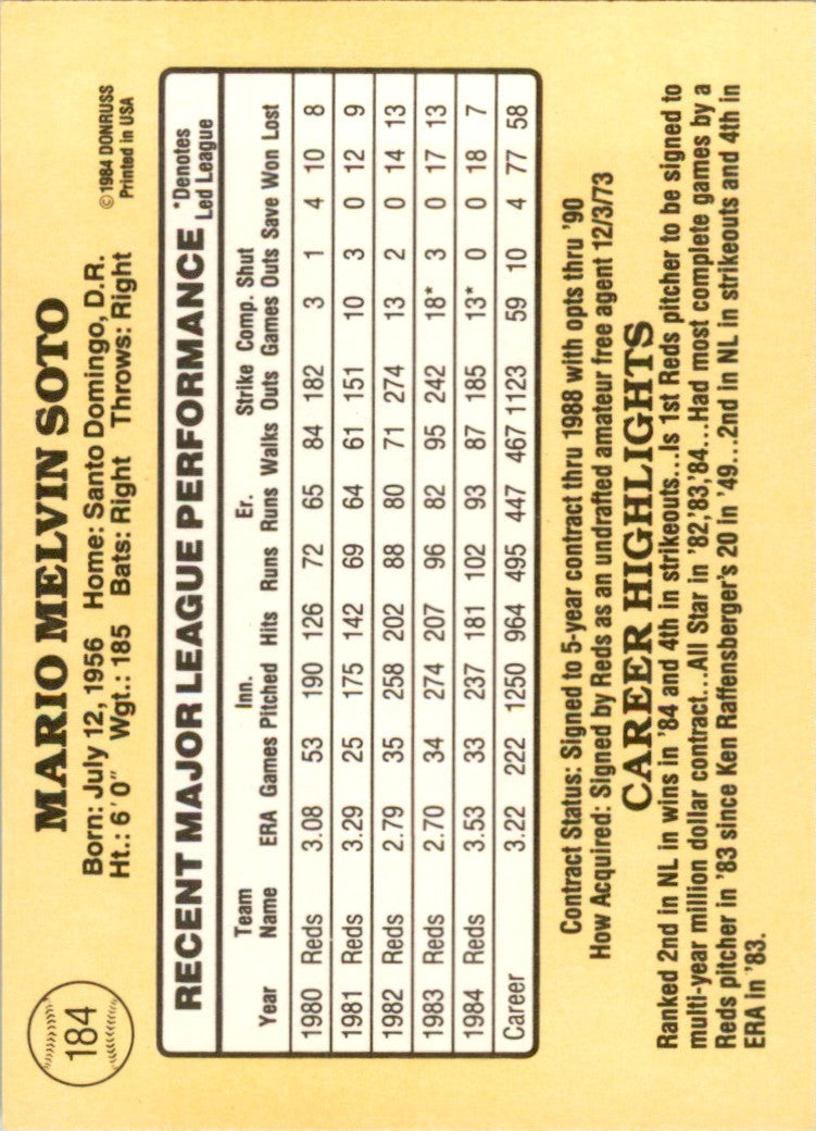 1985 Donruss Mario Soto . Cincinnati Reds #184