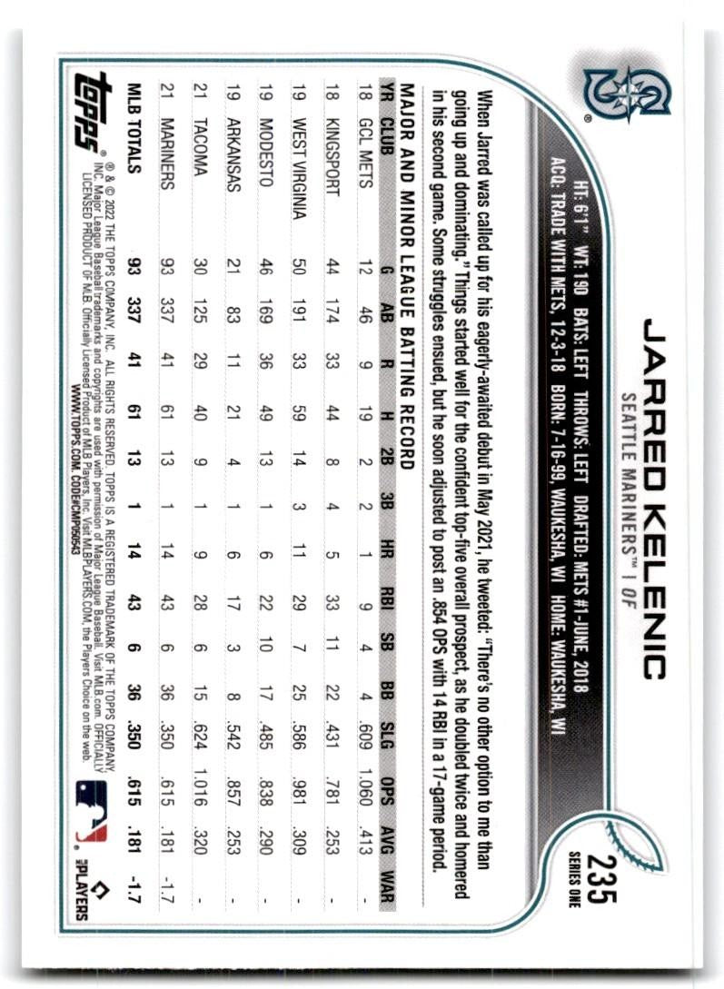 2022 Topps' Jarred Kelenic Baseball Cards #235