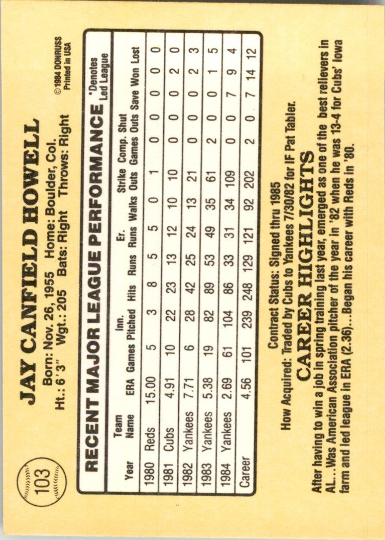1985 Donruss Jay Howell . New York Yankees #103