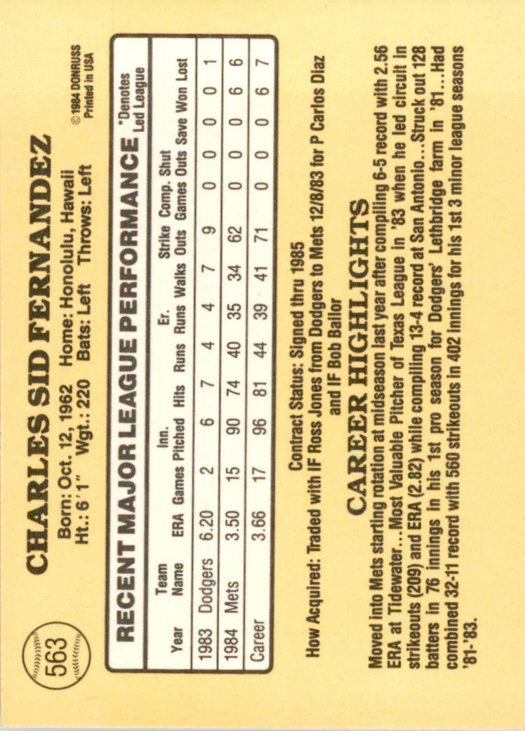 1985 Donruss Sid Fernandez . New York Mets #563