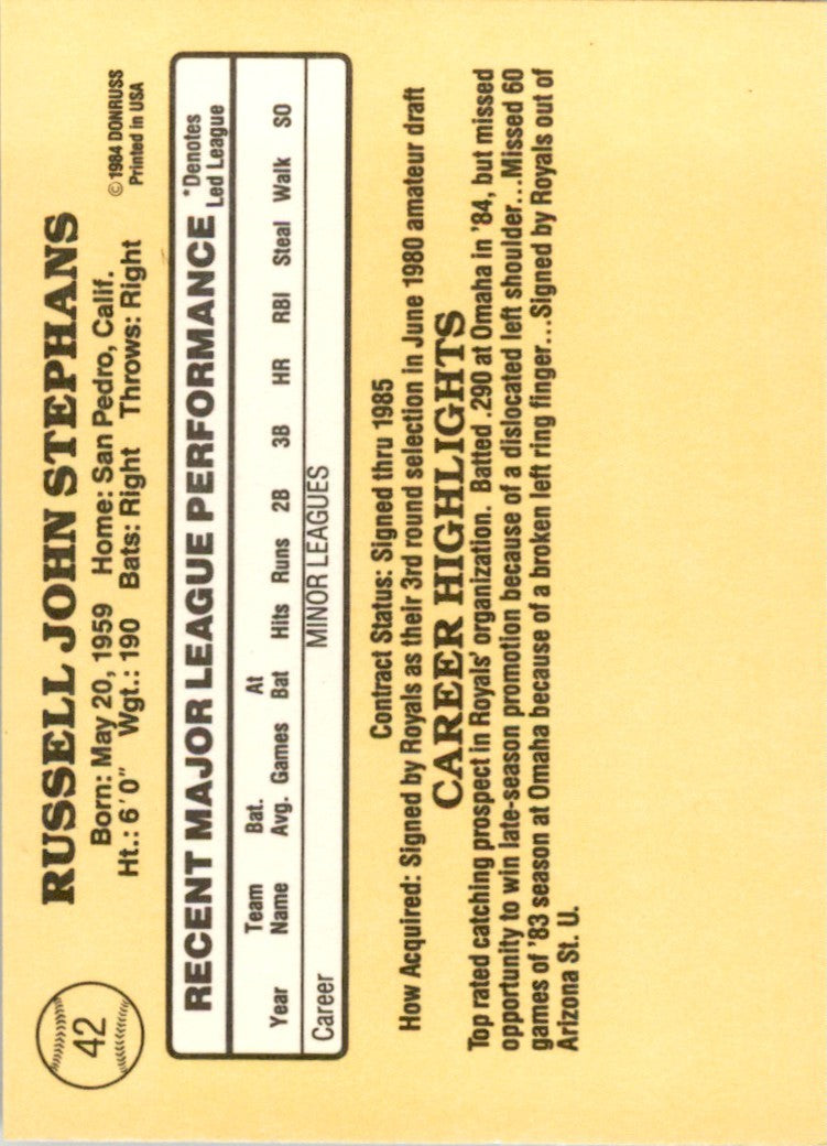 1985 Donruss. Russ Stephans Rookie . Kansas City Royals #42