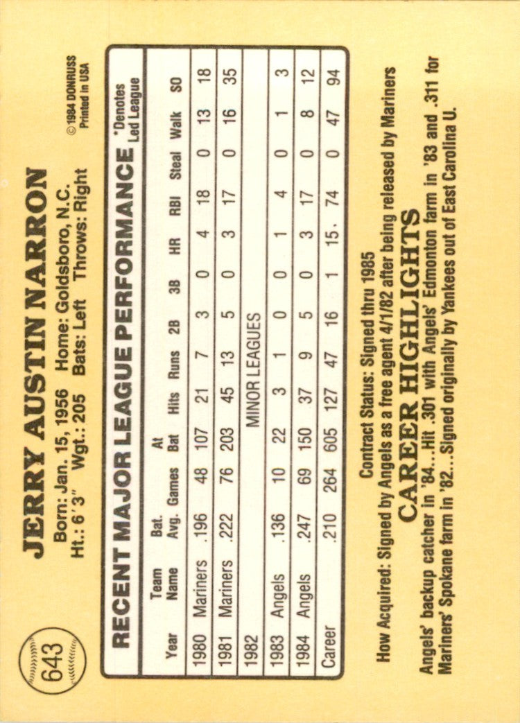 1985 Donruss Baseball Jerry Narron . California Angels #643