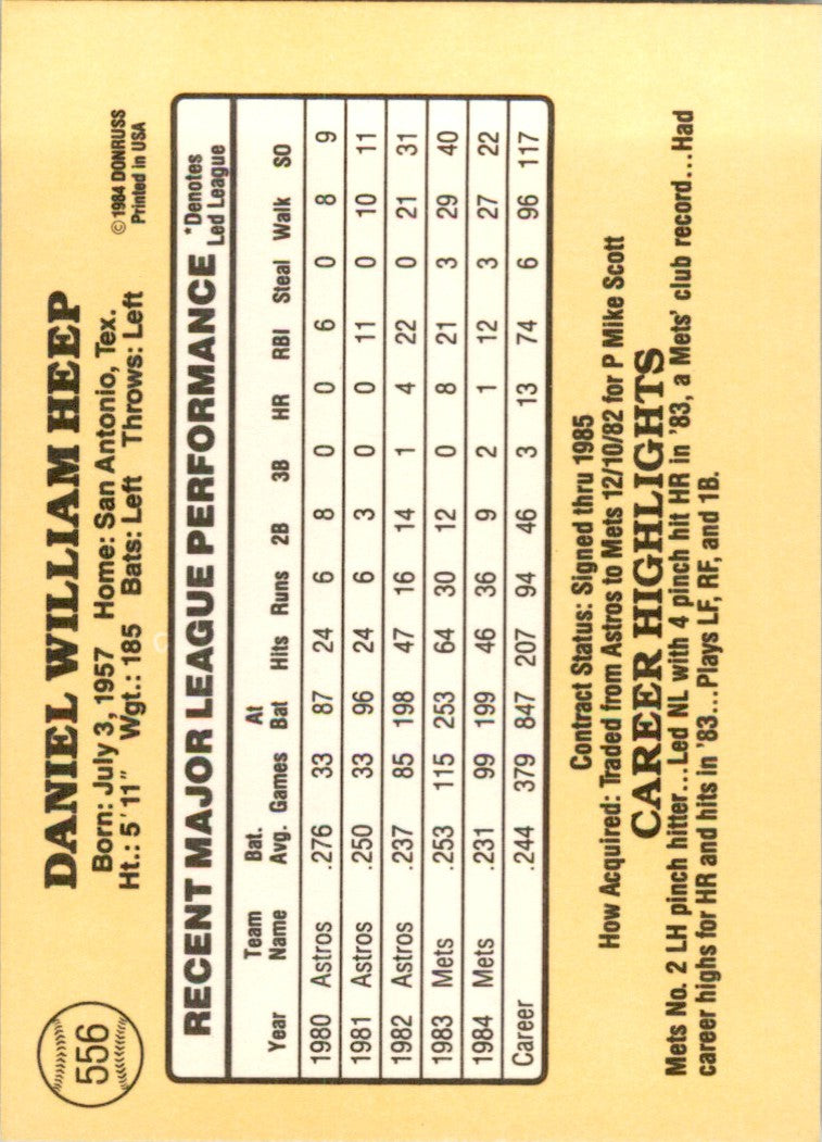 1985 Donruss Baseball Danny Heep . New York Mets #556