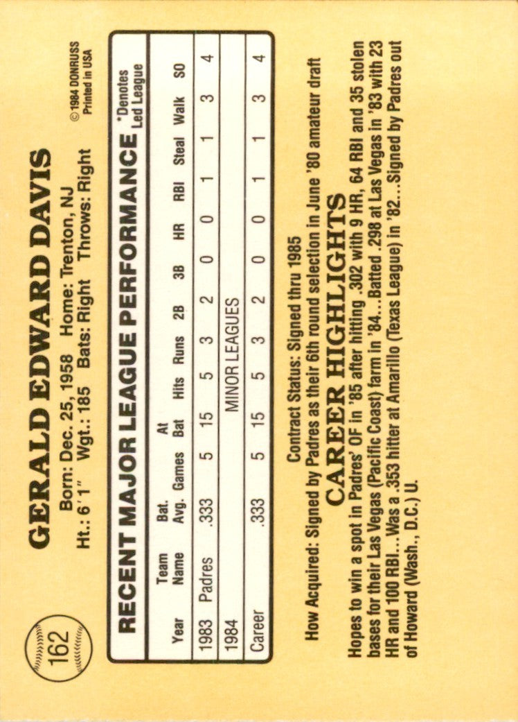1985 Donruss Baseball Jerry Davis Rookie . San Diego Padres #162