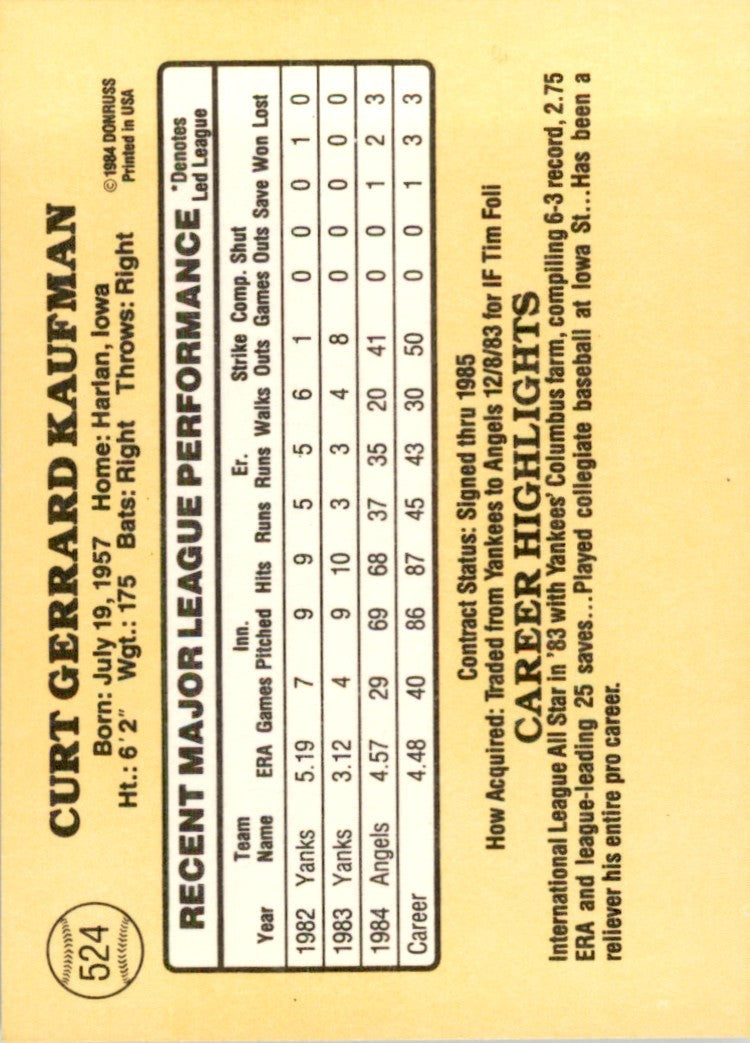 1985 Donruss. Curt Kaufman Rookie . California Angels #524
