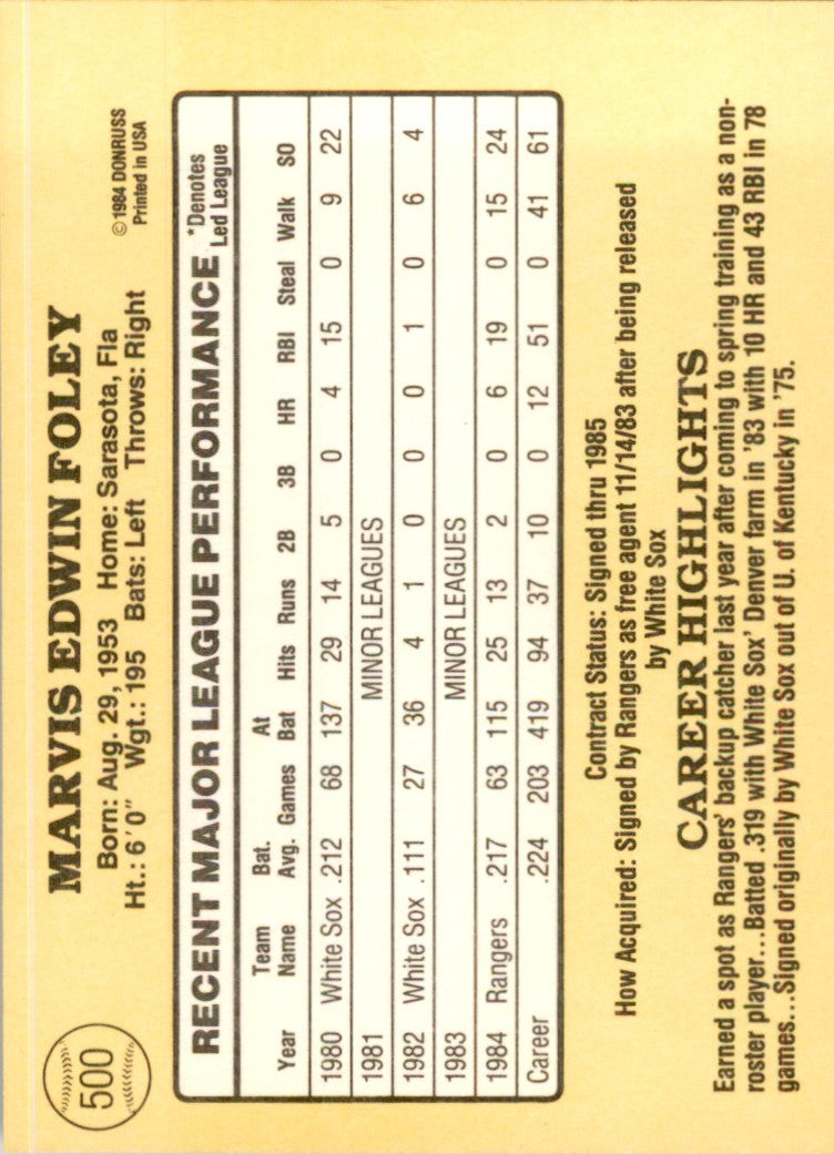 1985 Donruss Marvis Foley . Texas Rangers #500