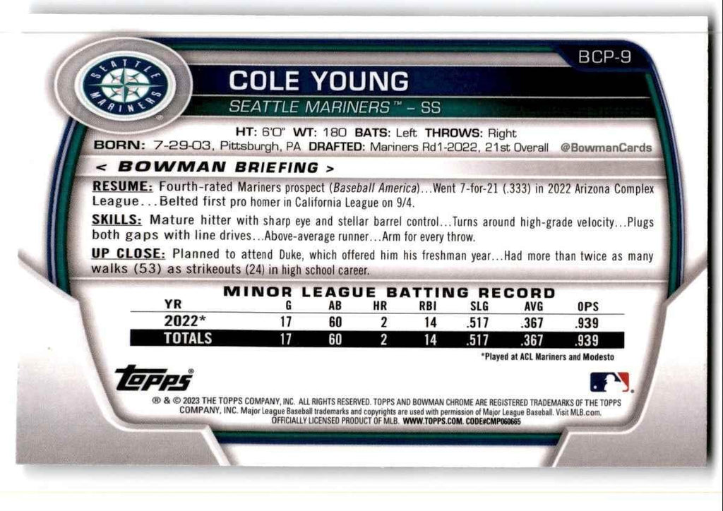 2023 Bowman Chrome Cole Young Baseball Cards #BCP-9