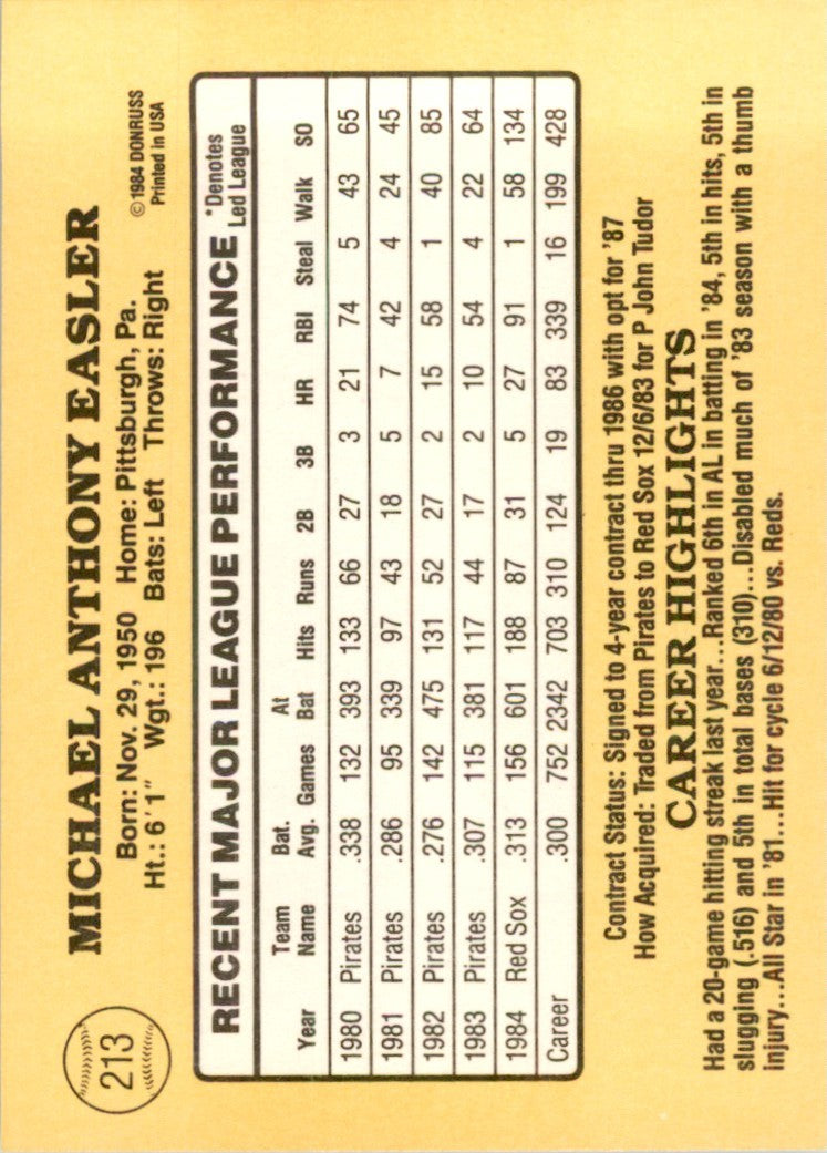 1985 Donruss Baseball Mike Easler . Boston Red Sox #213.