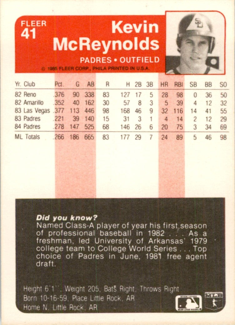 1985 Fleer Kevin McReynolds . San Diego Padres #41