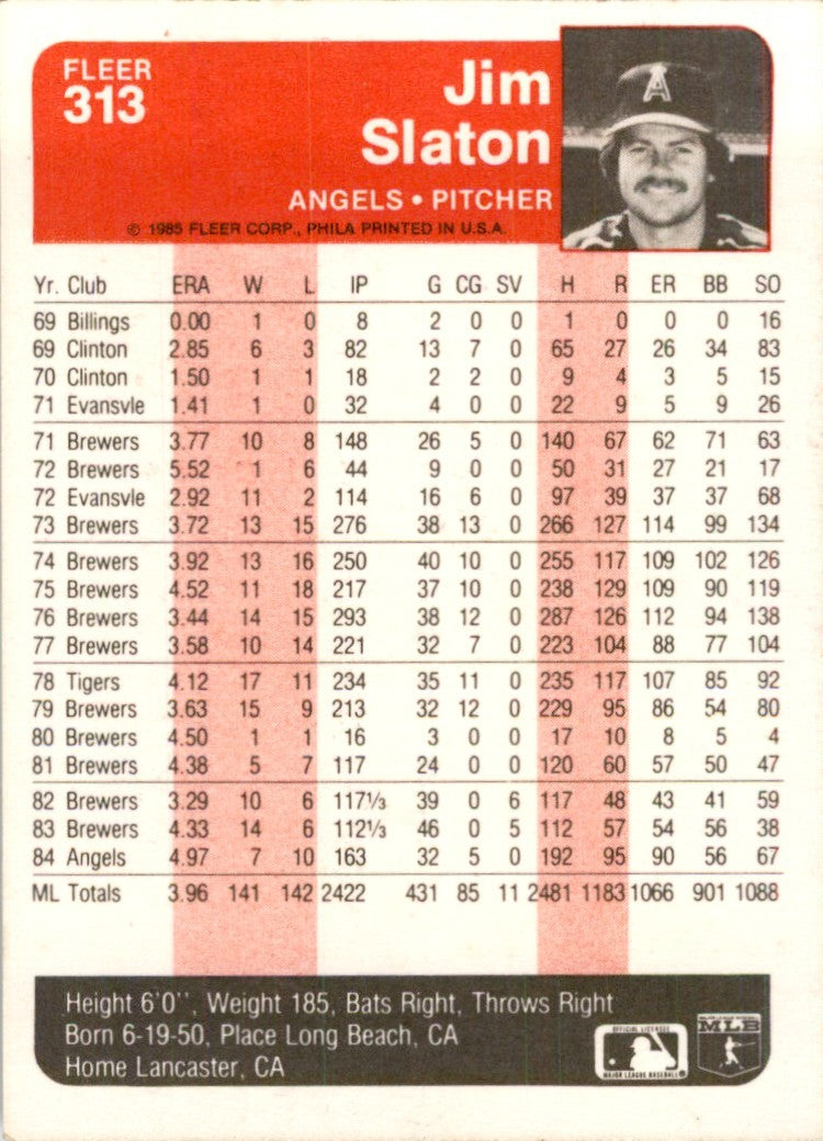 1985 Fleer Jim Slaton . California Angels #313