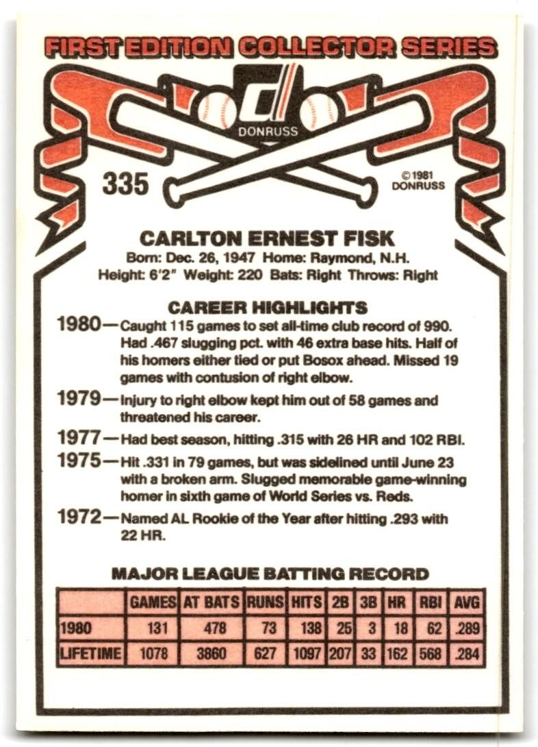 1981 Donruss Carlton Fisk Baseball Cards #335