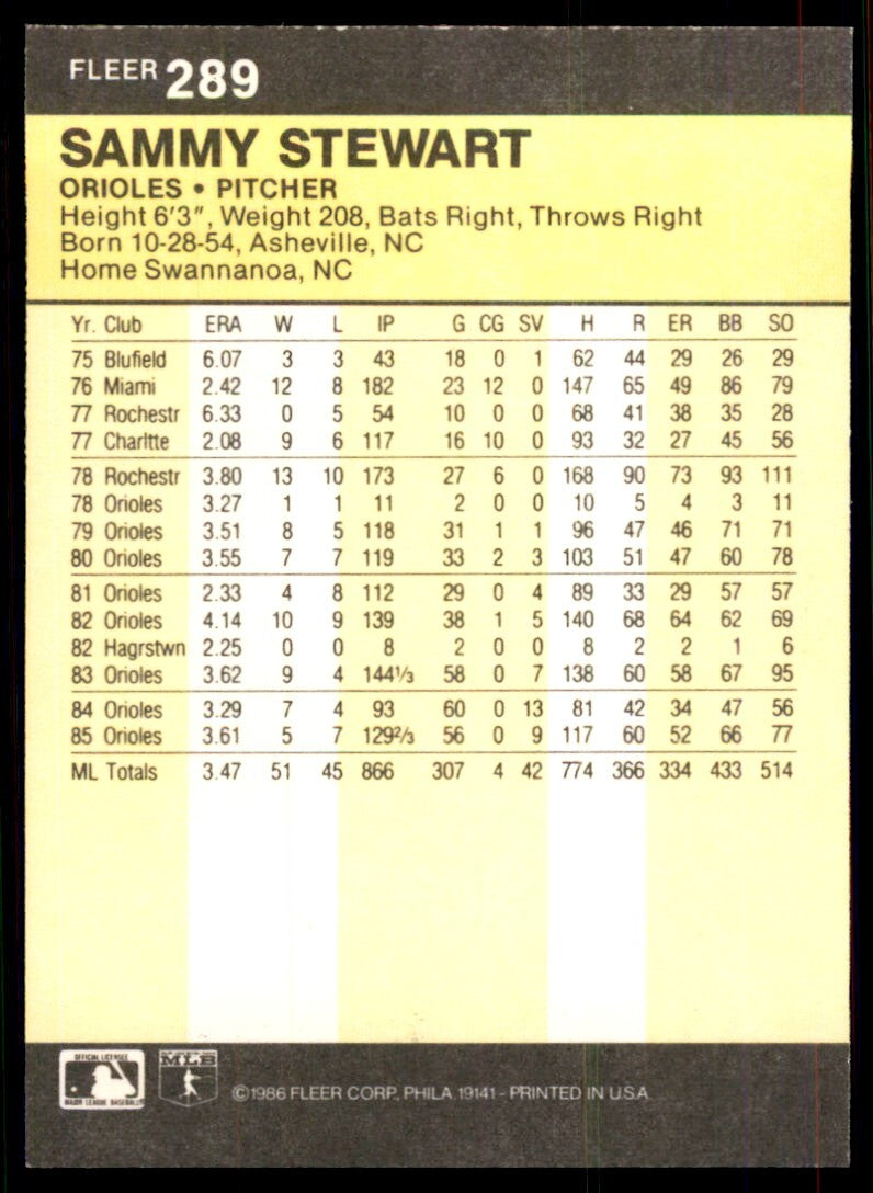 1986 Fleer Sammy Stewart . Baltimore Orioles #289