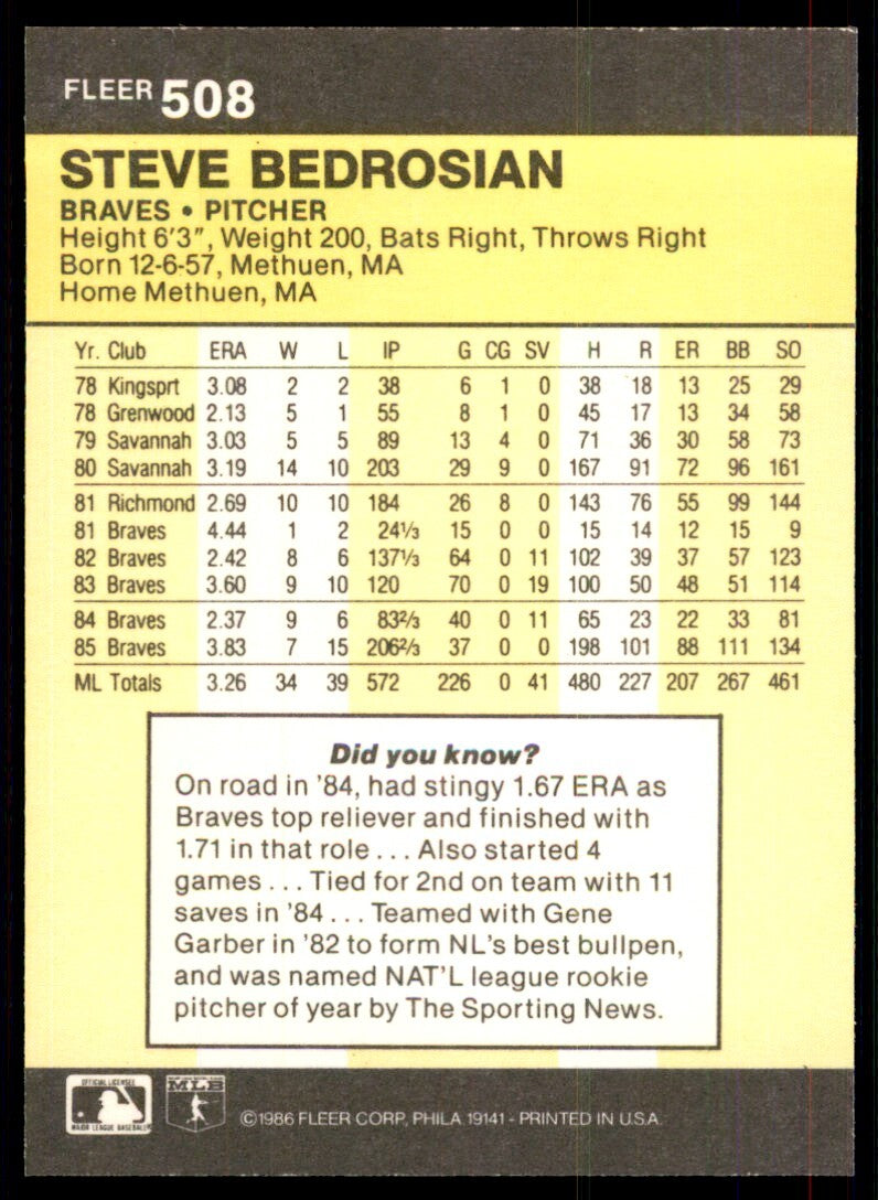 1986 Fleer Steve Bedrosian . Atlanta Braves #508