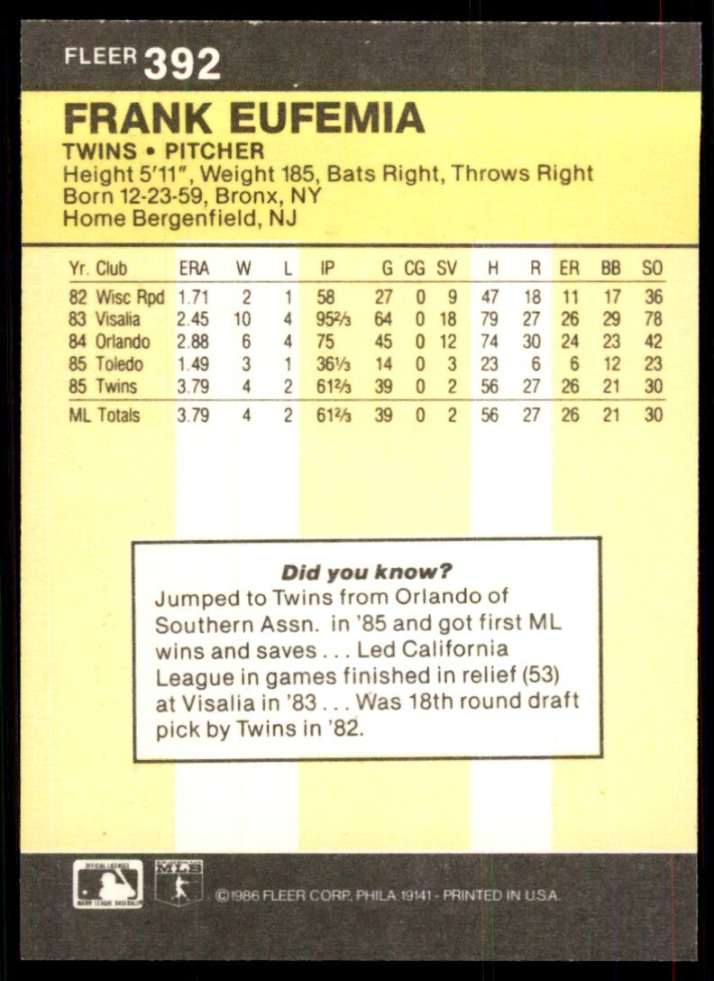1986 Fleer Frank Eufemia Rookie . Minnesota Twins #392