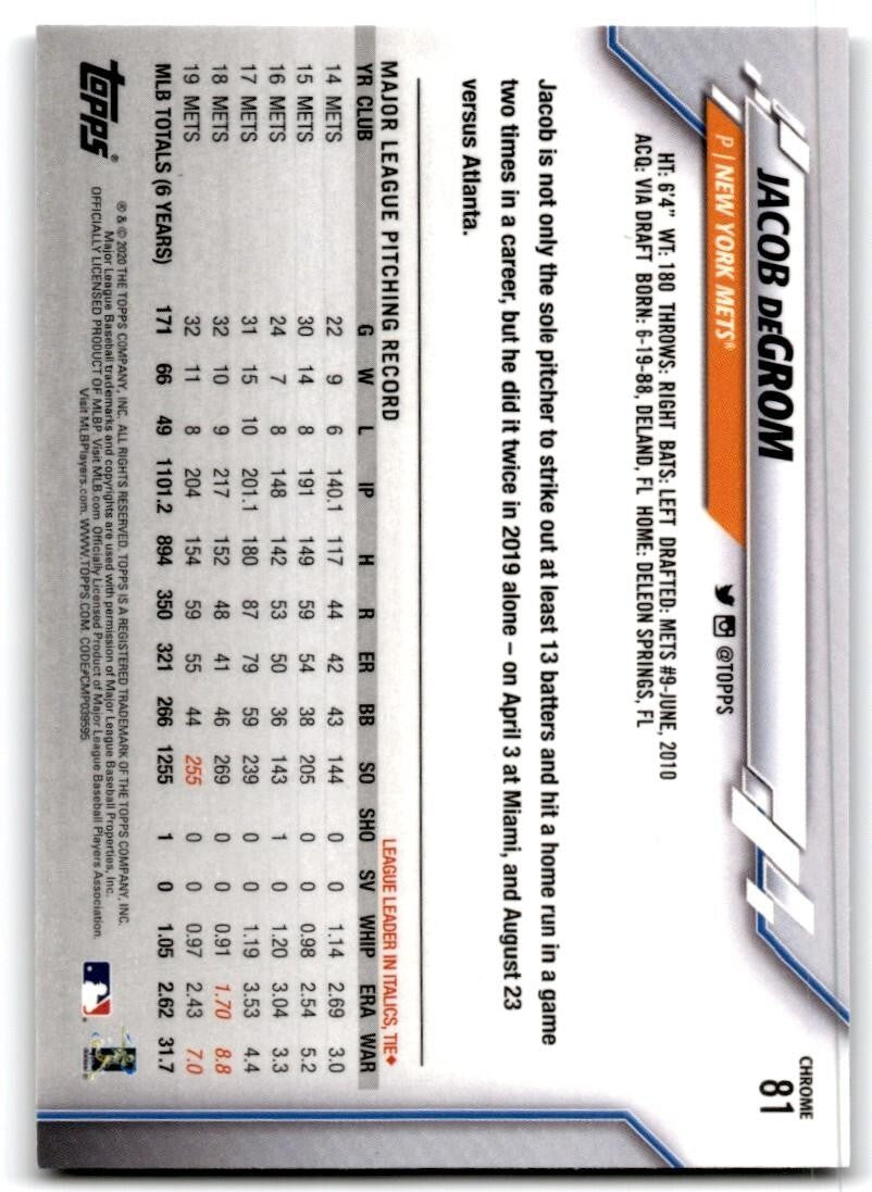 2020 Topps Chrome Jacob deGrom Baseball Cards #81
