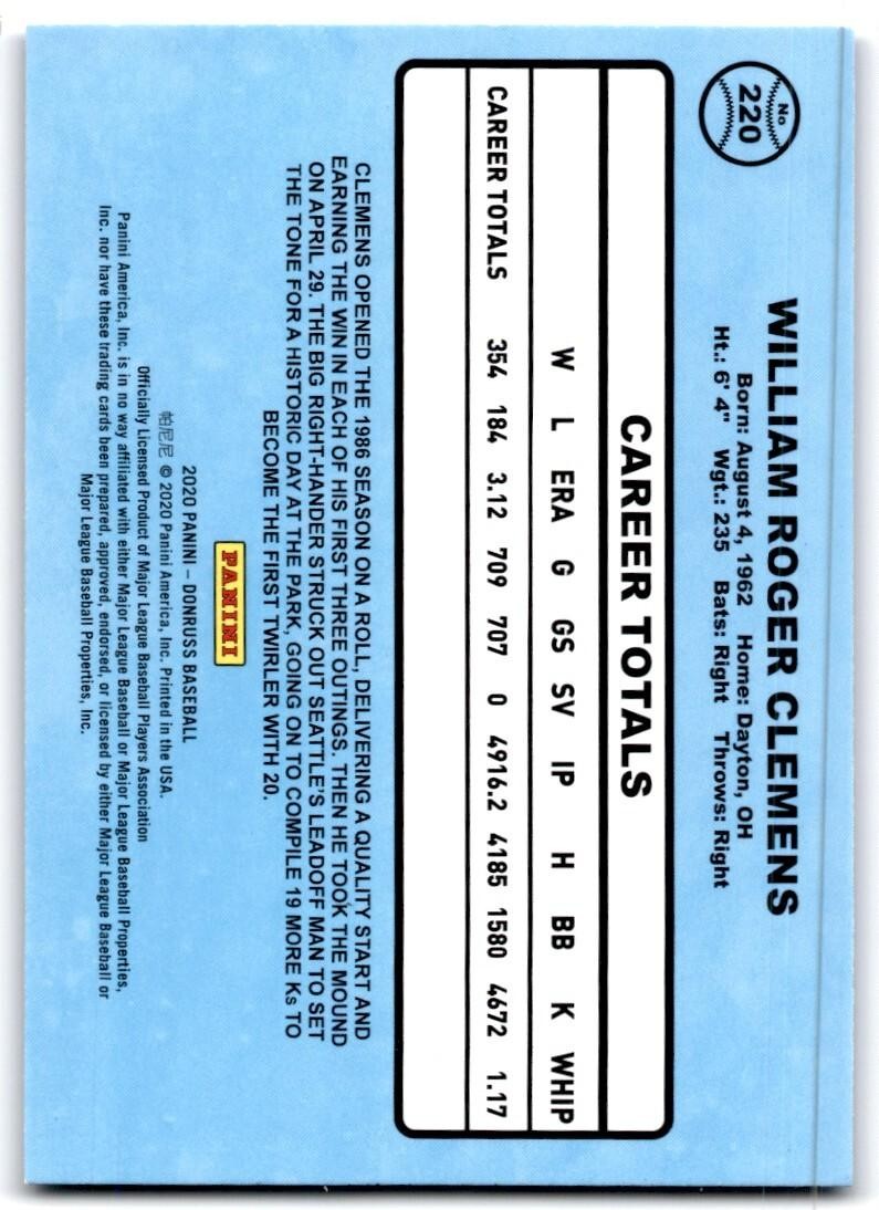 2020 Donruss Roger Clemens Baseball Cards #220