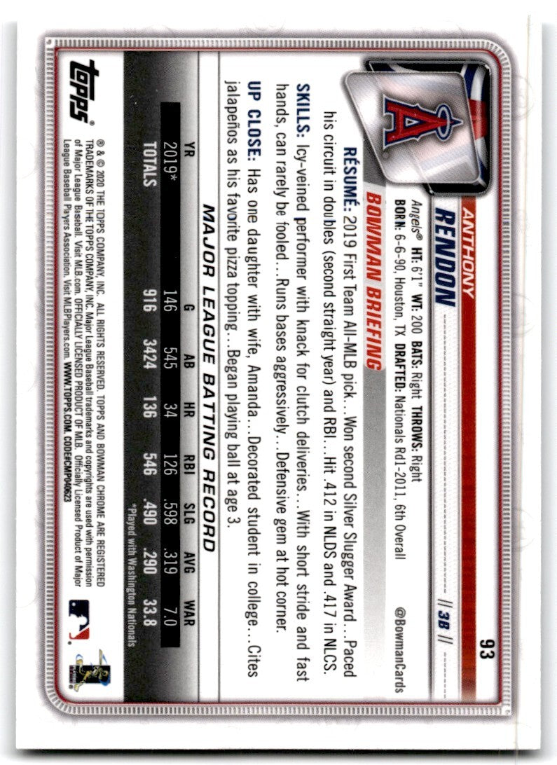 2020 Bowman Chrome Anthony Rendon Baseball Cards #93