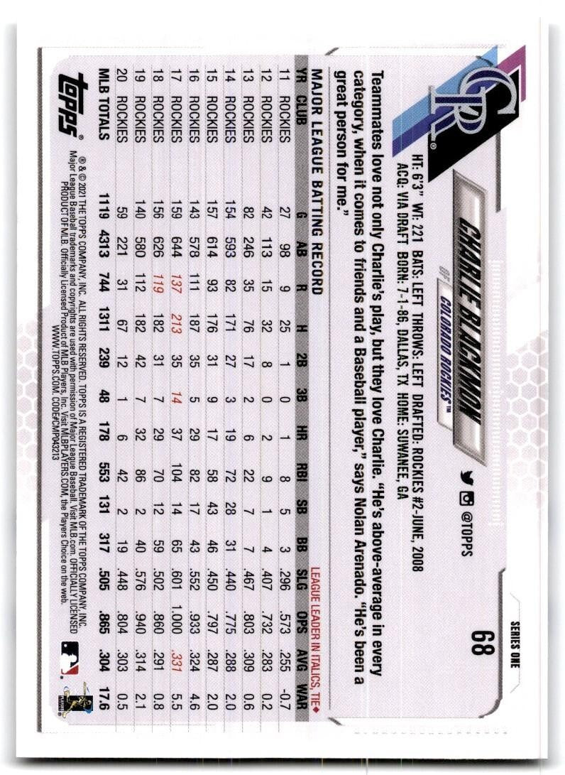 2021 Topps Charlie Blackmon Baseball Cards #68