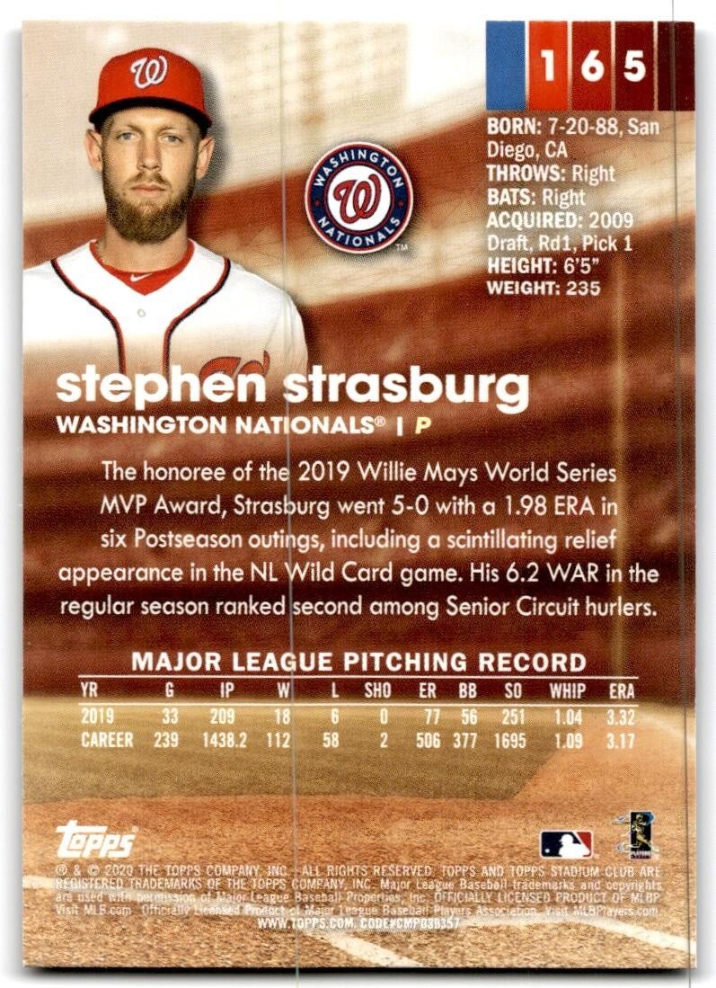 2020 Topps Stadium Club Stephen Strasburg A Baseball Cards #165