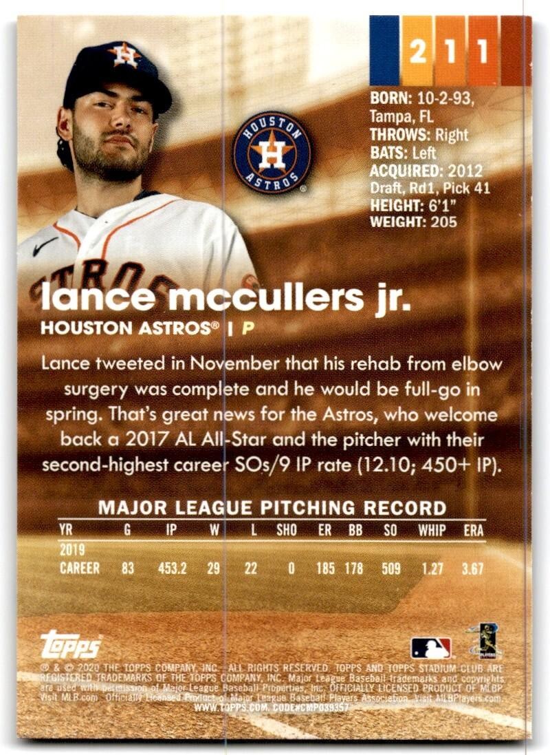 2020 Topps Stadium Club Lance McCullers Jr. Baseball Cards #211