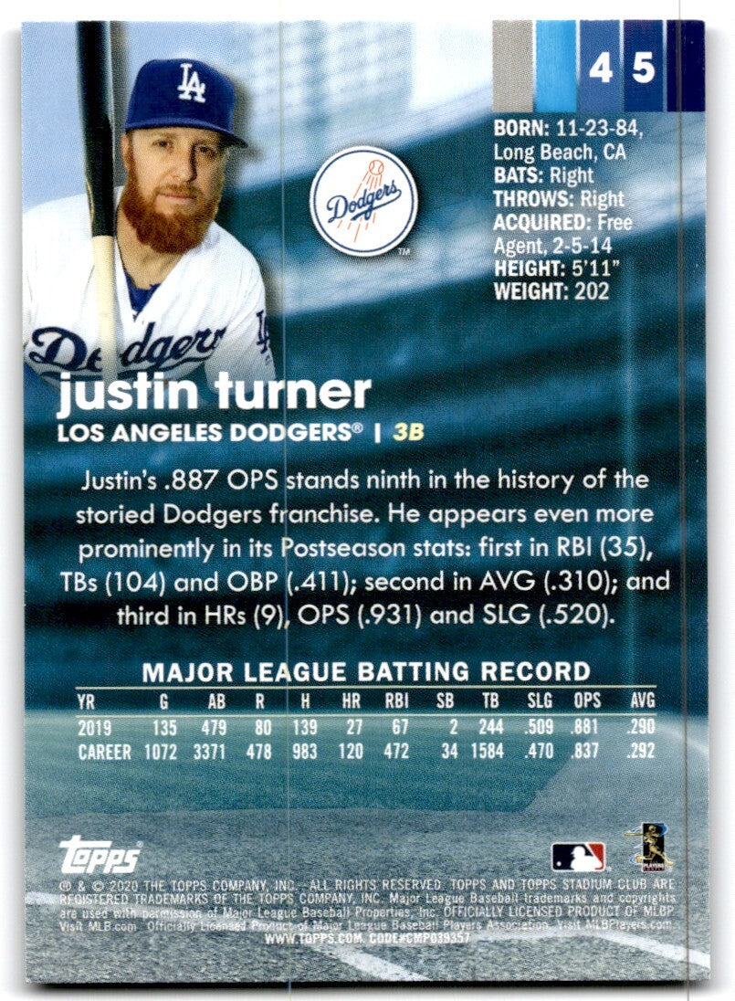 2020 Topps Stadium Club Justin Turner Baseball Cards #45