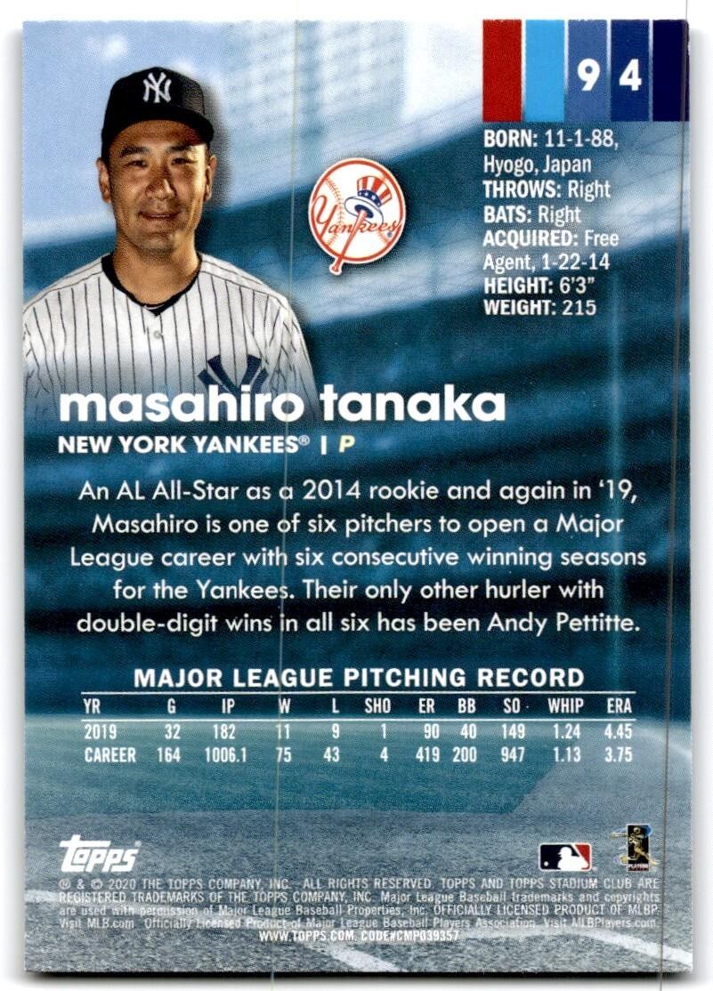 2020 Topps Stadium Club Masahiro Tanaka Baseball Cards #94