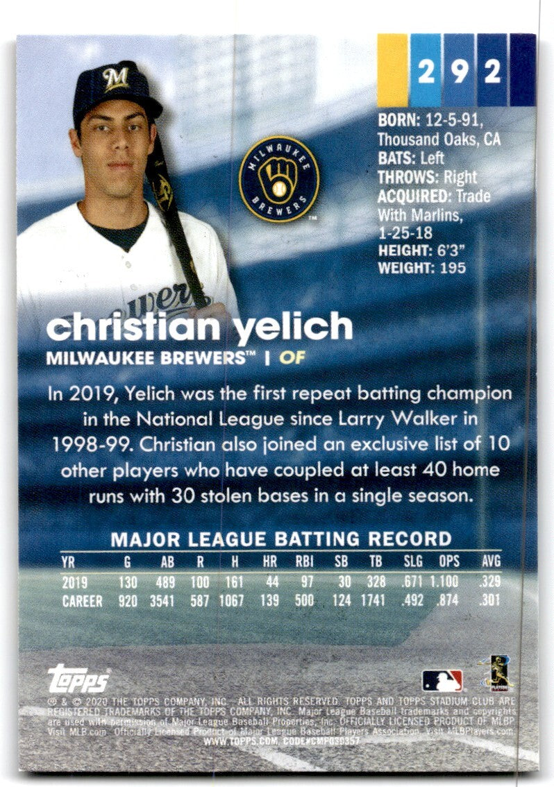 2020 Topps Stadium Club Christian Yelich Baseball Cards #292