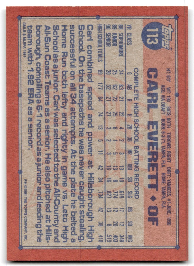 1991 Topps Baseball Card Carl Everett Rookie New York Yankees #113
