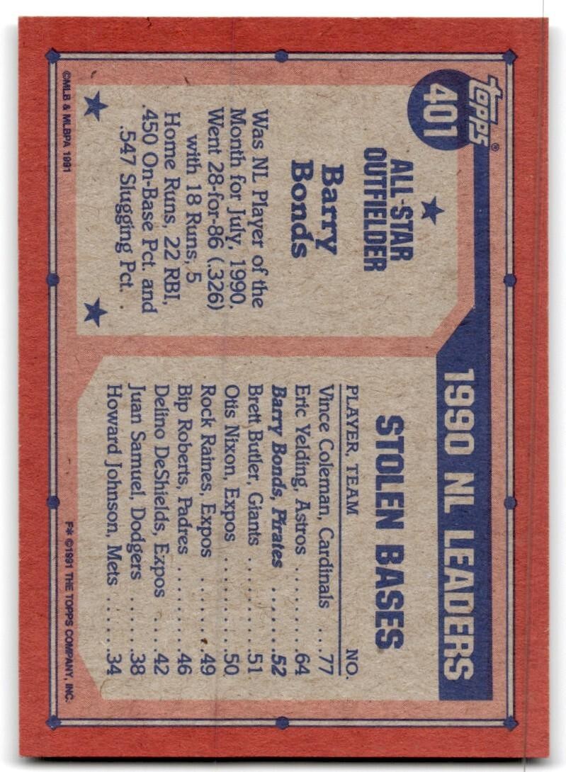 1991 Topps Baseball Card Barry Bonds A Pittsburgh Pirates #401