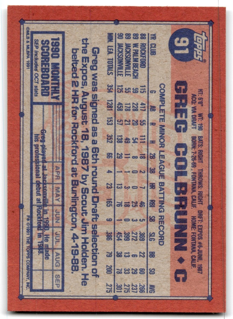 1991 Topps Baseball Card Greg Colbrunn Rookie Montreal Expos #91