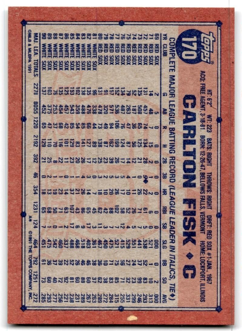 1991 Topps Baseball Card Carlton Fisk Chicago White Sox #170