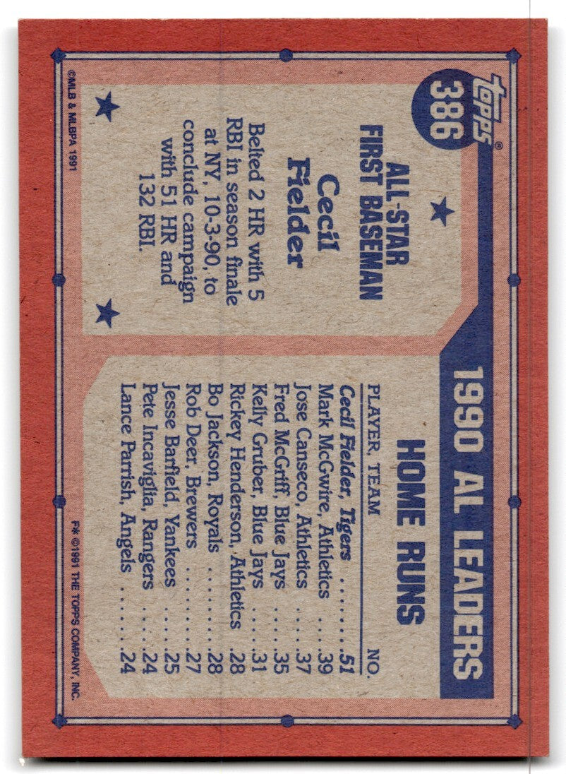1991 Topps Baseball Card Cecil Fielder Detroit Tigers #386