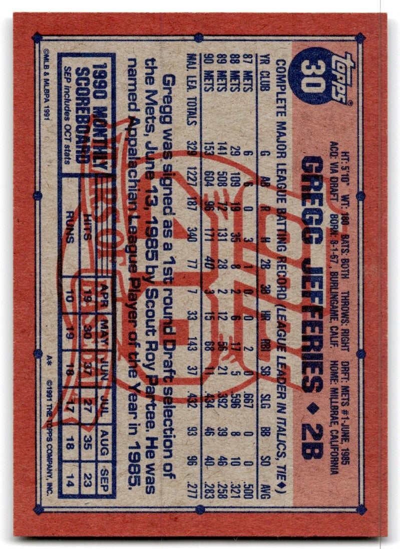 1991 Topps Baseball Card Gregg Jefferies A New York Mets #30