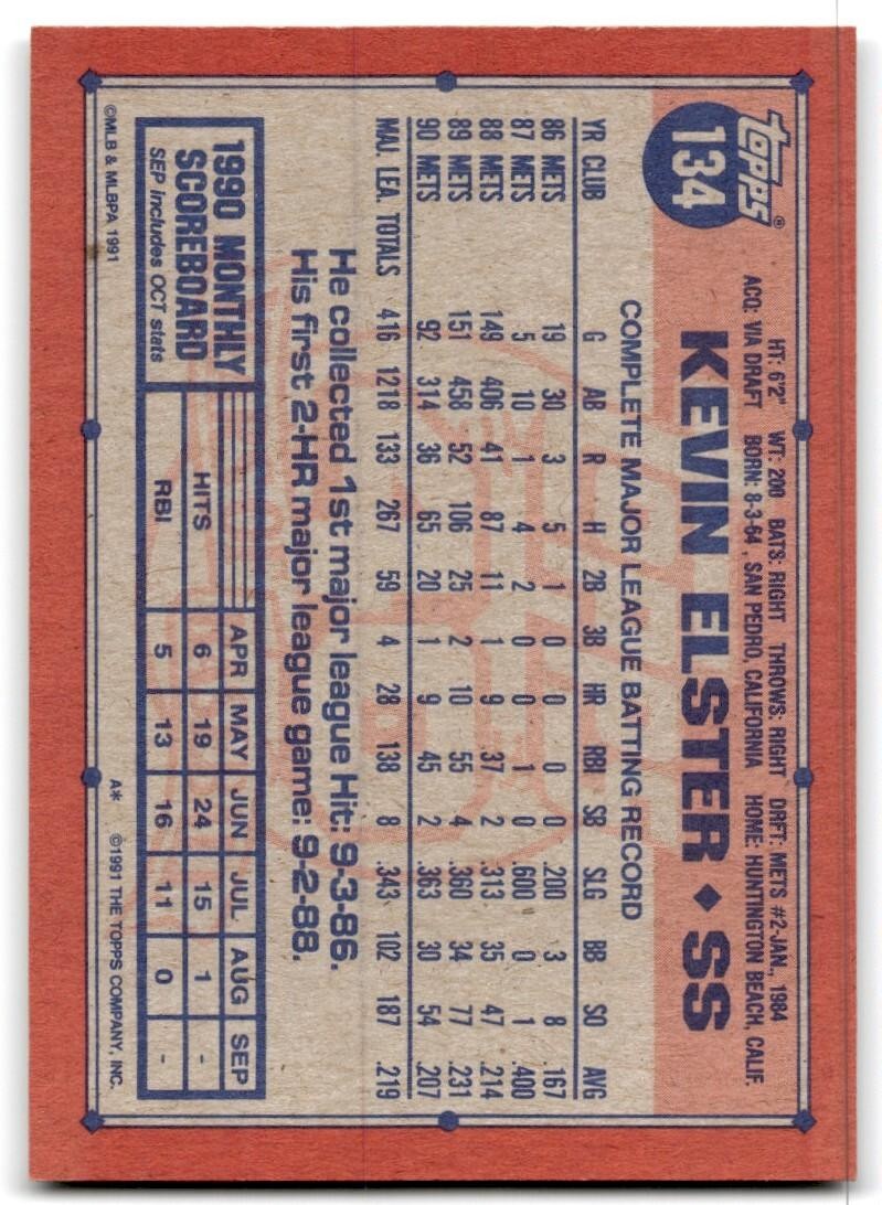 1991 Topps Baseball Card Kevin Elster New York Mets #134