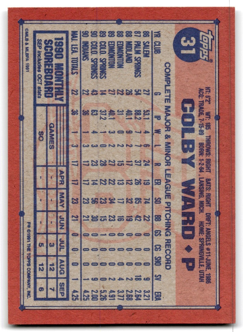 1991 Topps Baseball Card Colby Ward Rookie Cleveland Indians #31