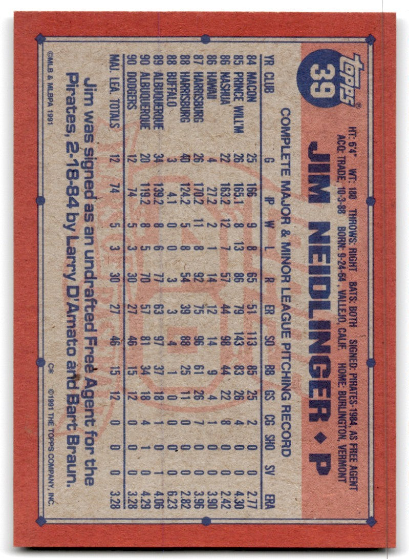 1991 Topps Baseball Card Jim Neidlinger Rookie Los Angeles Dodgers #39
