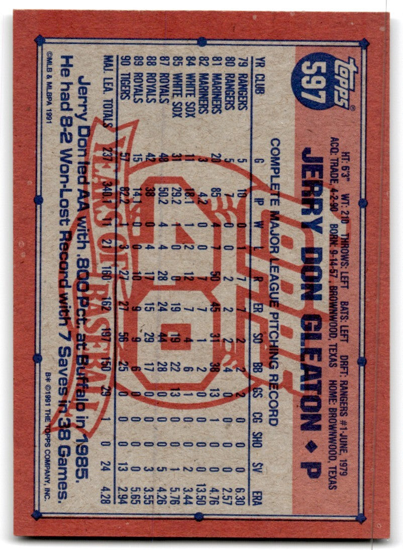 1991 Topps Baseball Card Jerry Don Gleaton Detroit Tigers #597