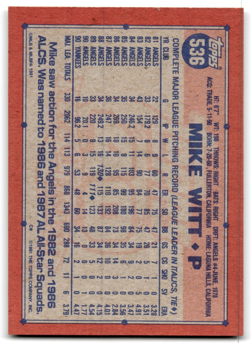 1991 Topps Baseball Card Mike Witt New York Yankees #536