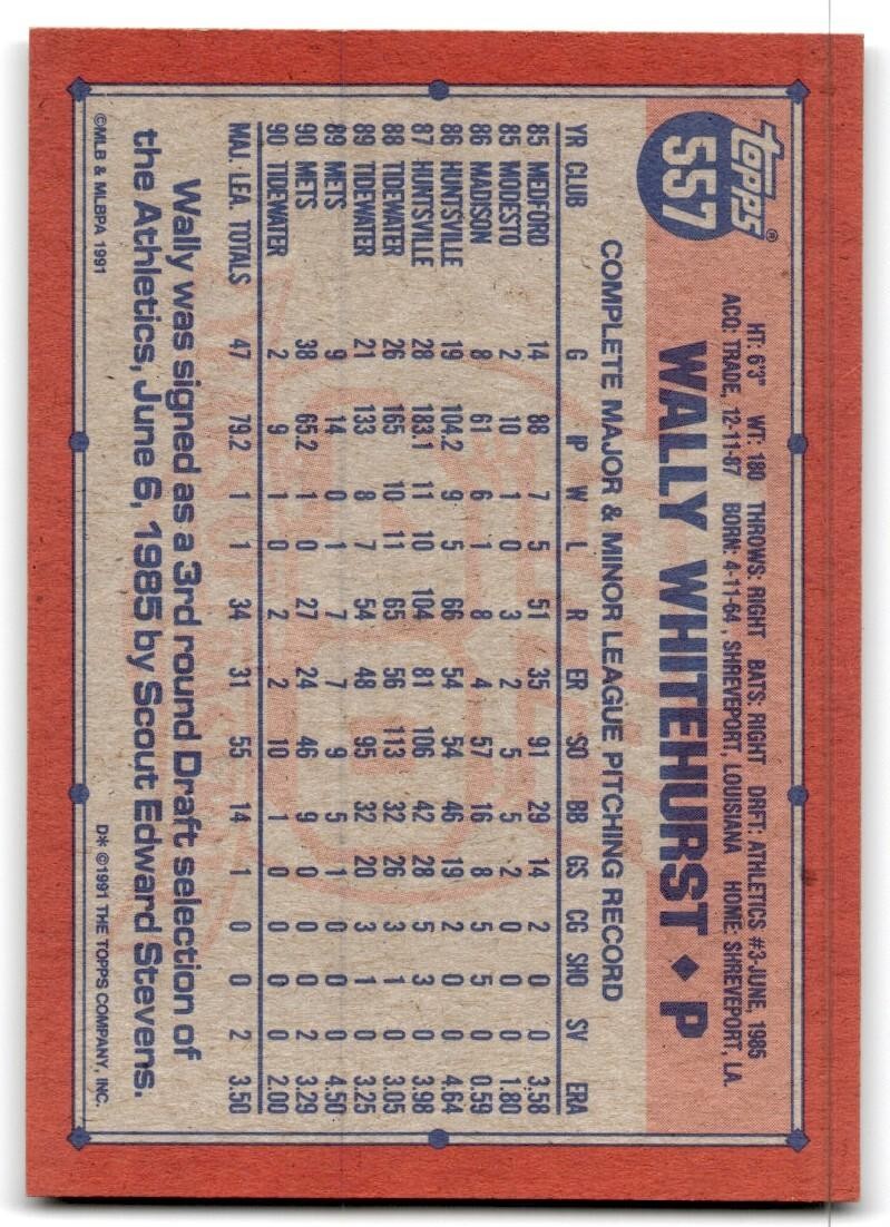 1991 Topps Baseball Card Wally Whitehurst New York Mets #557