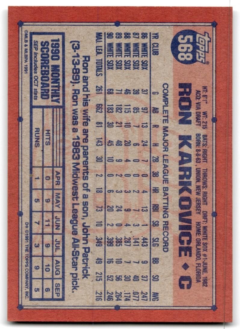 1991 Topps Baseball Card Ron Karkovice Chicago White Sox #568