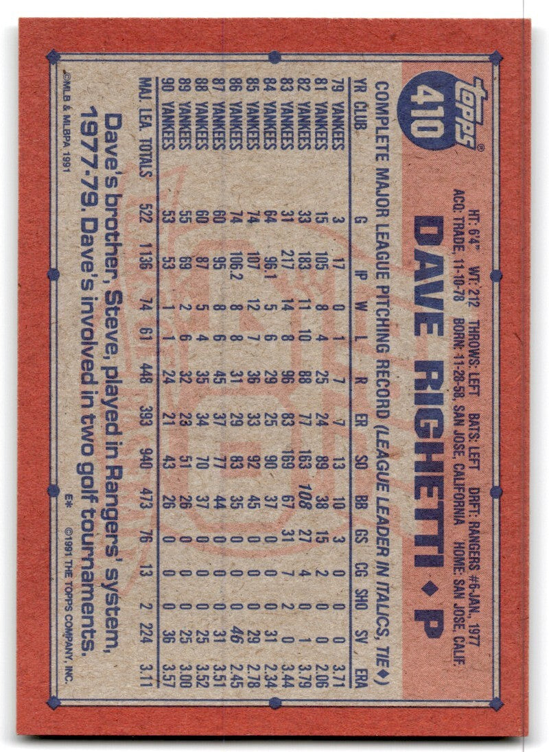 1991 Topps Baseball Card Dave Righetti New York Yankees #410