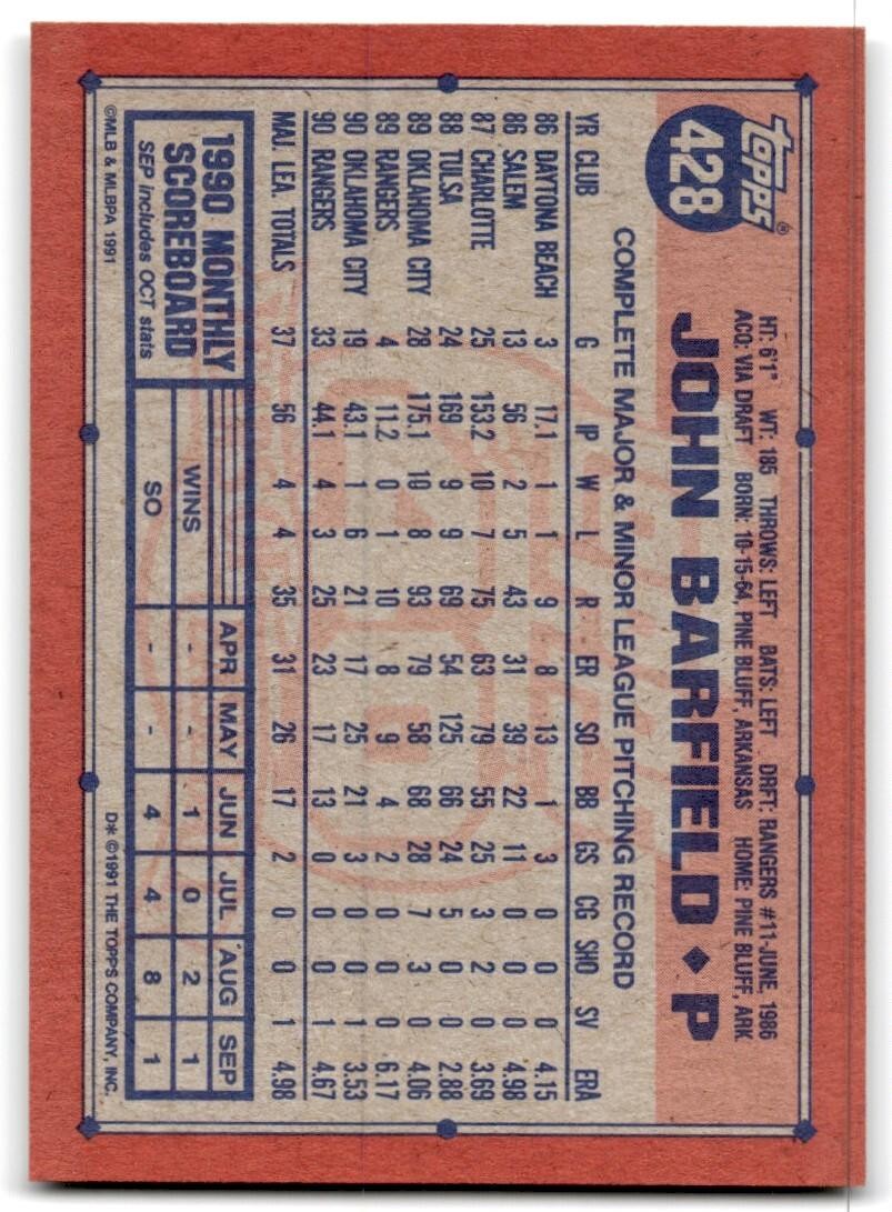 1991 Topps Baseball Card John Barfield Rookie Texas Rangers #428