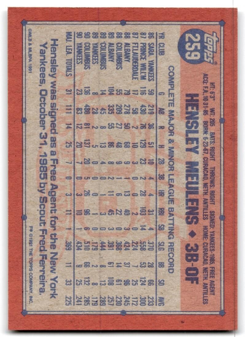 1991 Topps Baseball Card Hensley Meulens New York Yankees #259