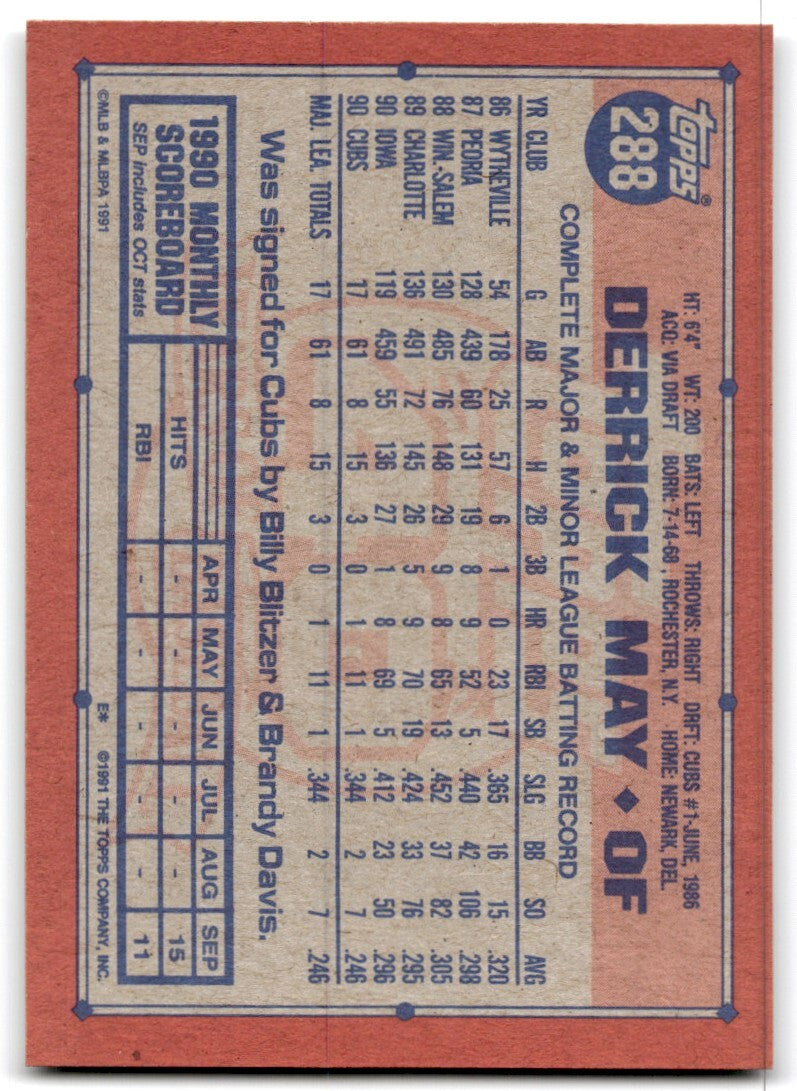 1991 Topps Baseball Card Derrick May Chicago Cubs #288