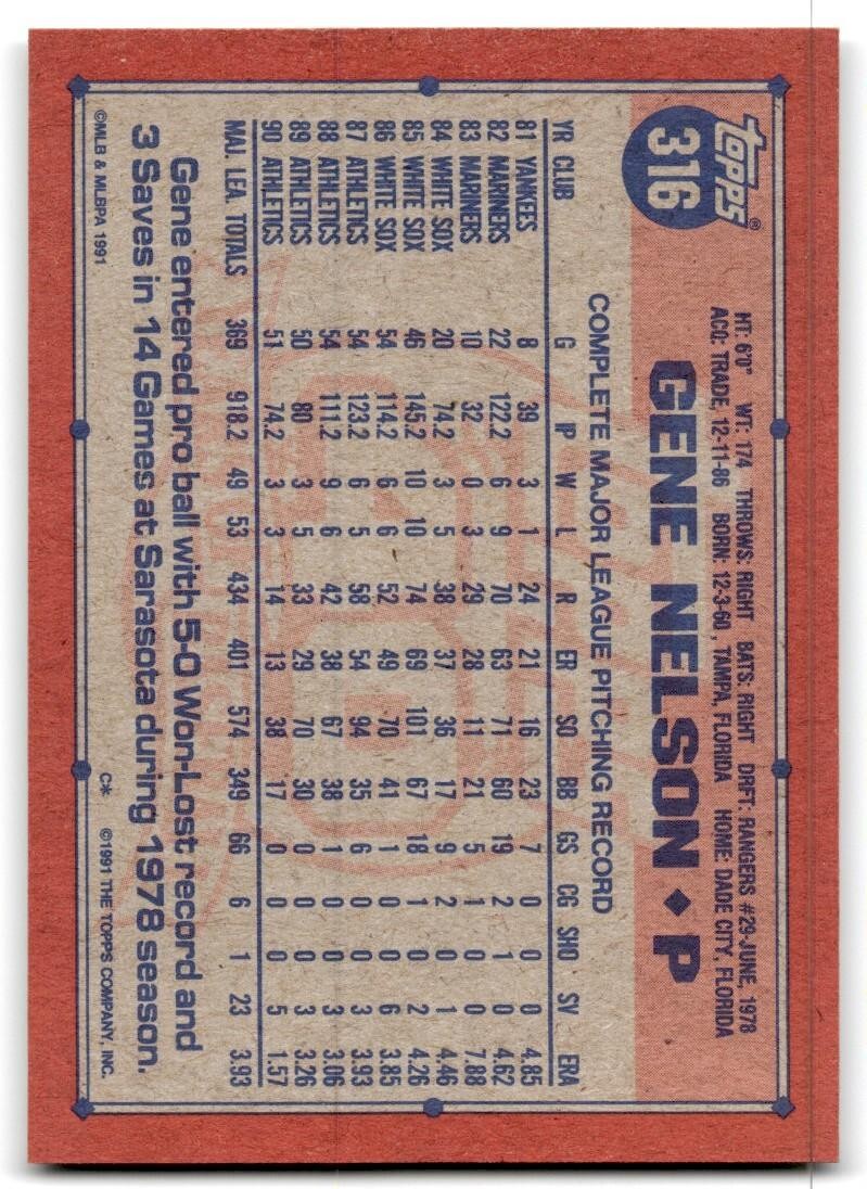 1991 Topps Baseball Card Gene Nelson Oakland Athletics #316