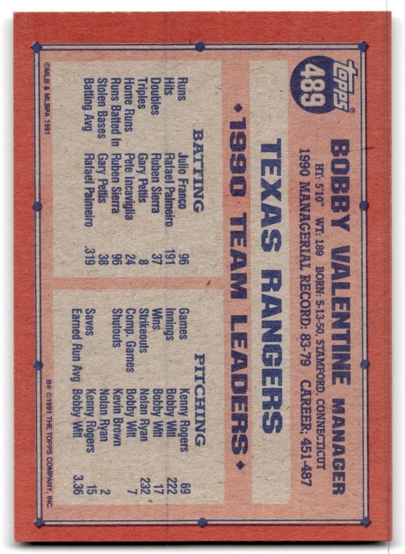 1991 Topps Baseball Card Bobby Valentine Texas Rangers #489
