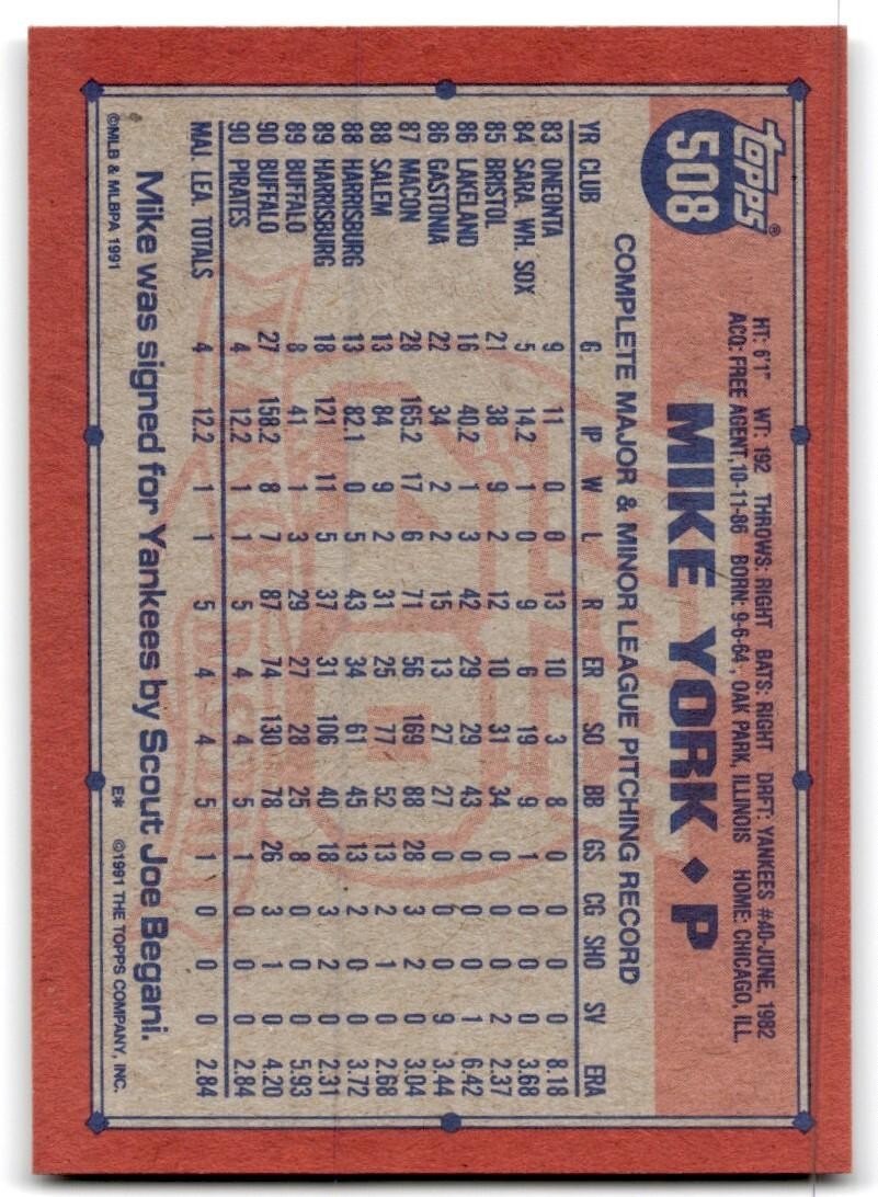 1991 Topps Baseball Card Mike York Rookie Pittsburgh Pirates #508