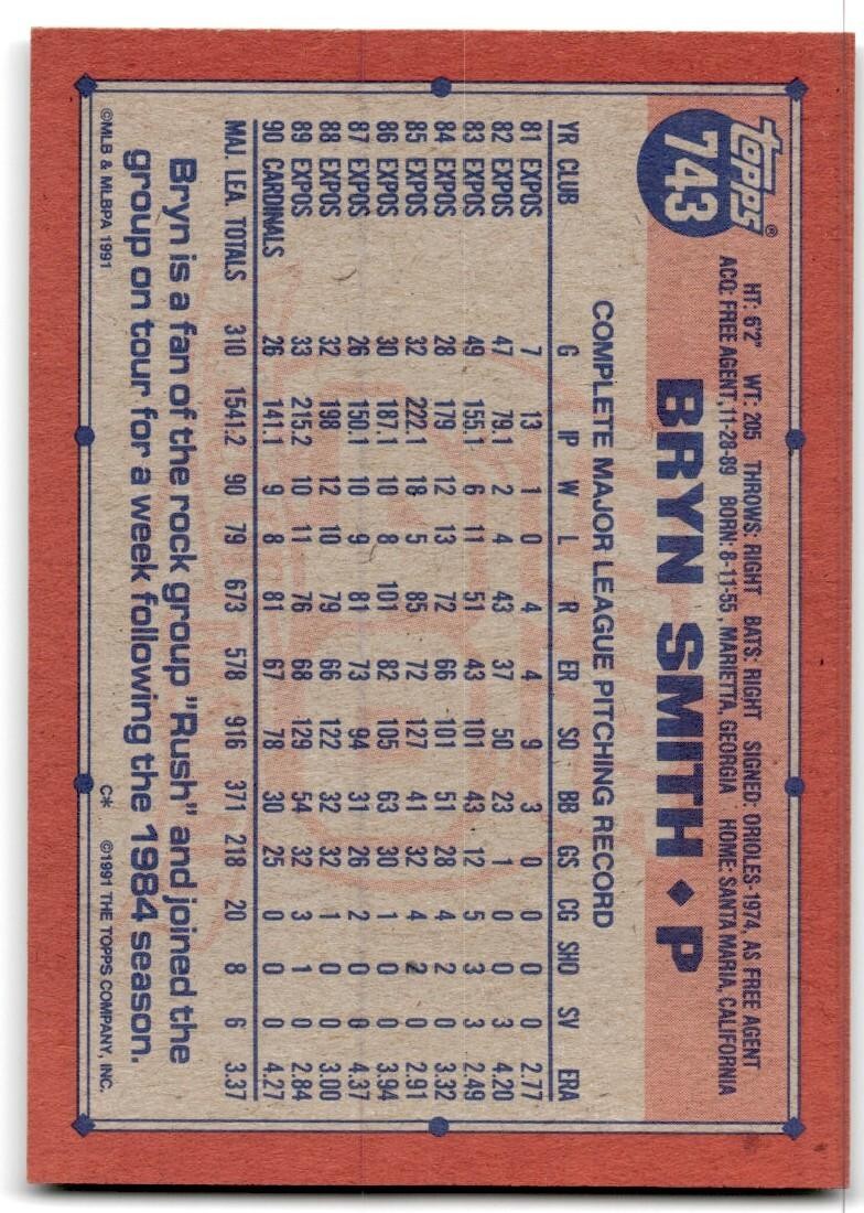 1991 Topps Baseball Card Bryn Smith St. Louis Cardinals #743
