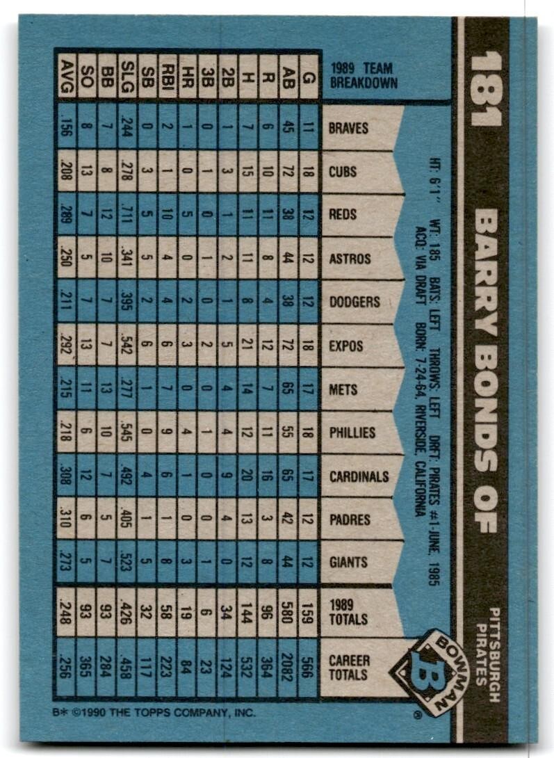 1990 Bowman Baseball Card Barry Bonds Pittsburgh Pirates #181
